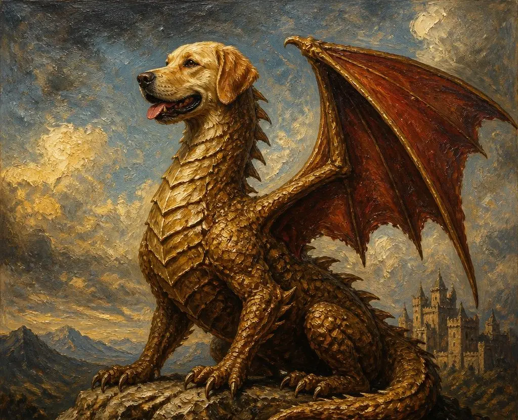 Oil painting of John Dragon: a golden retriever with dragon scales and crimson wings, sitting on a mountain rock before a castle