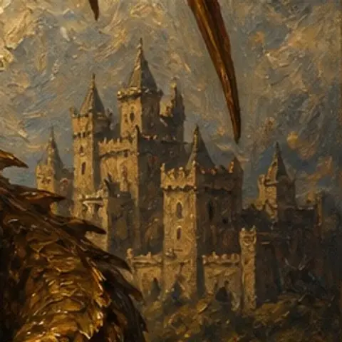 A distant castle on a hill under a golden, stormy sky