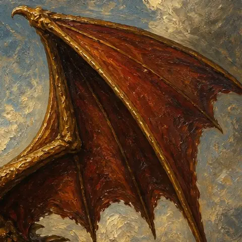 A crimson dragon wing with golden bones, painted in thick oil strokes